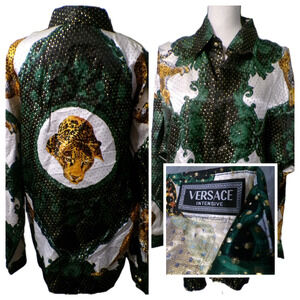 Vtg VERSACE Intensive silk shirt L Baroque Leopard Gold Metallic Green Black 90s